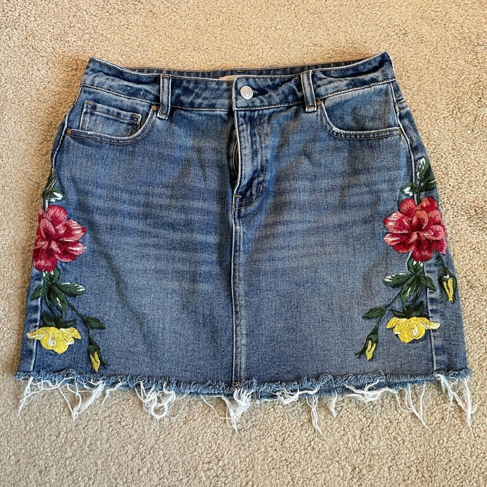 Distressed Denim Skirt with Floral Design
